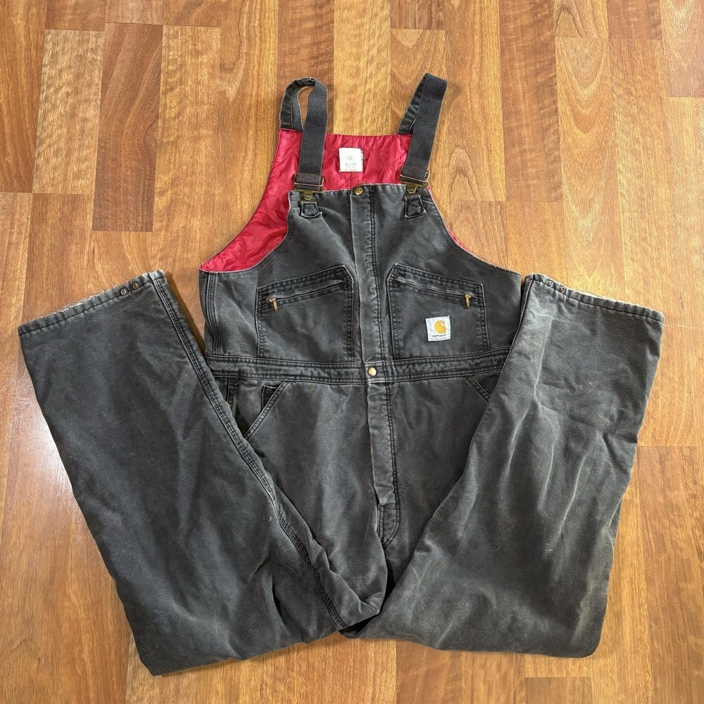 Carhartt Bib Overalls Mens 40x32 Black R04 Duck Quilted Insulated Workwear USA